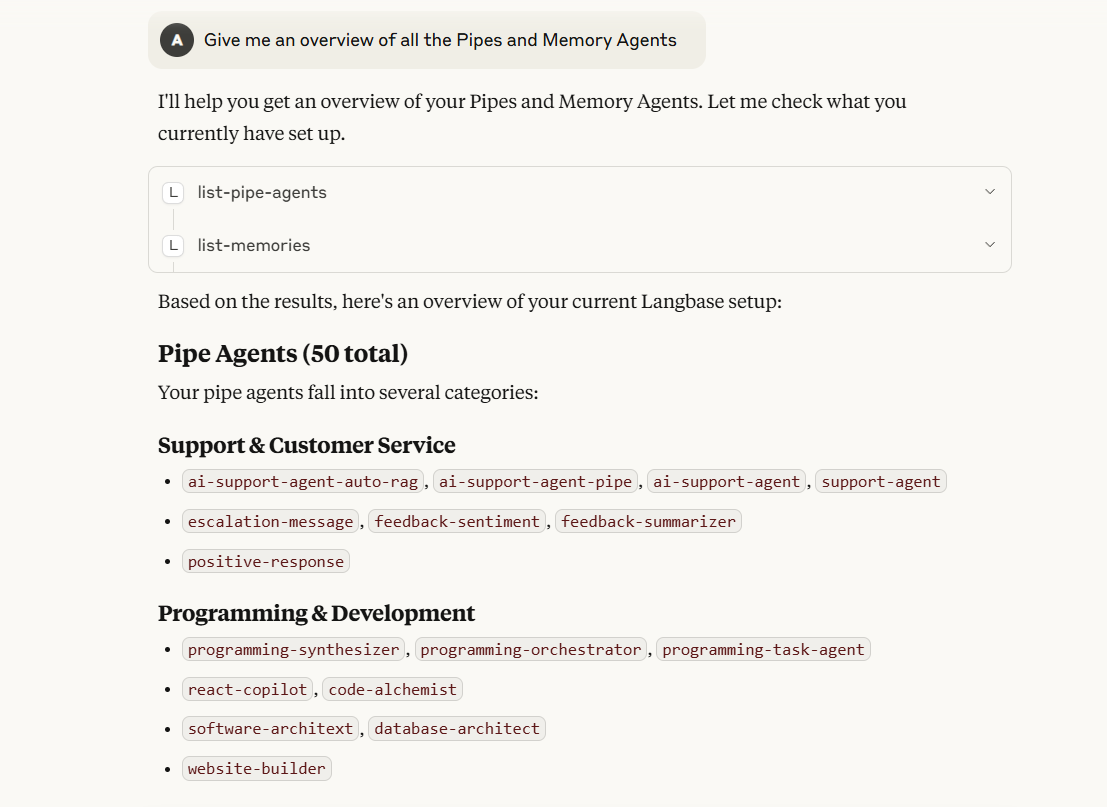 Give me an overview of all the Pipes and Memory Agents