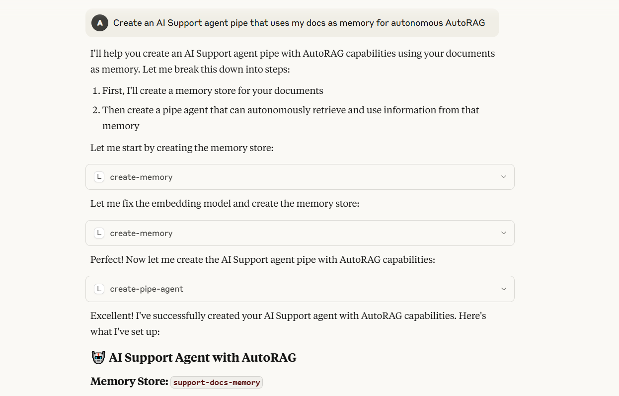 Create an AI Support agent pipe that uses my docs as memory for autonomous AutoRAG