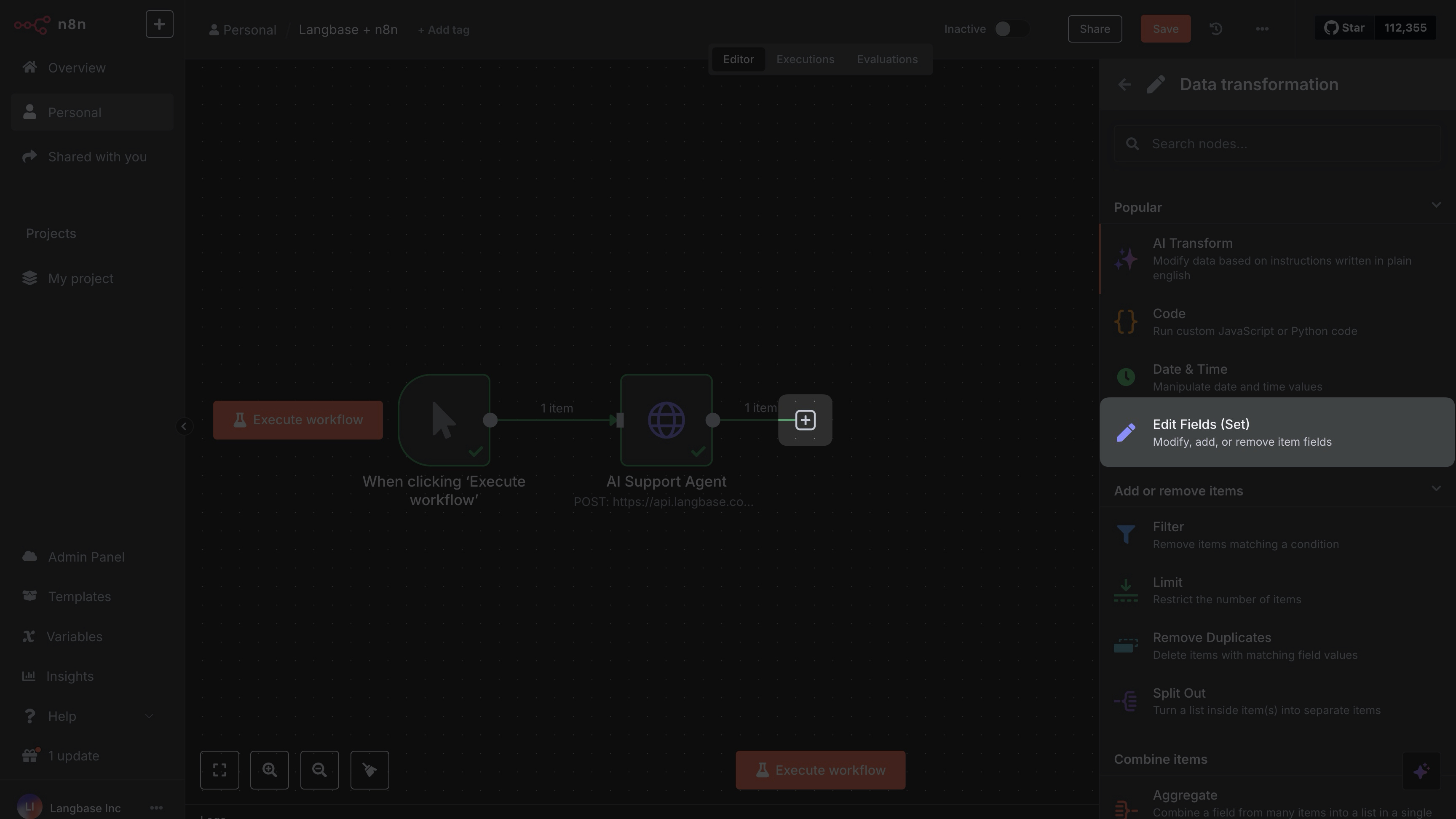 n8n workflow Edit Fields (Set)
